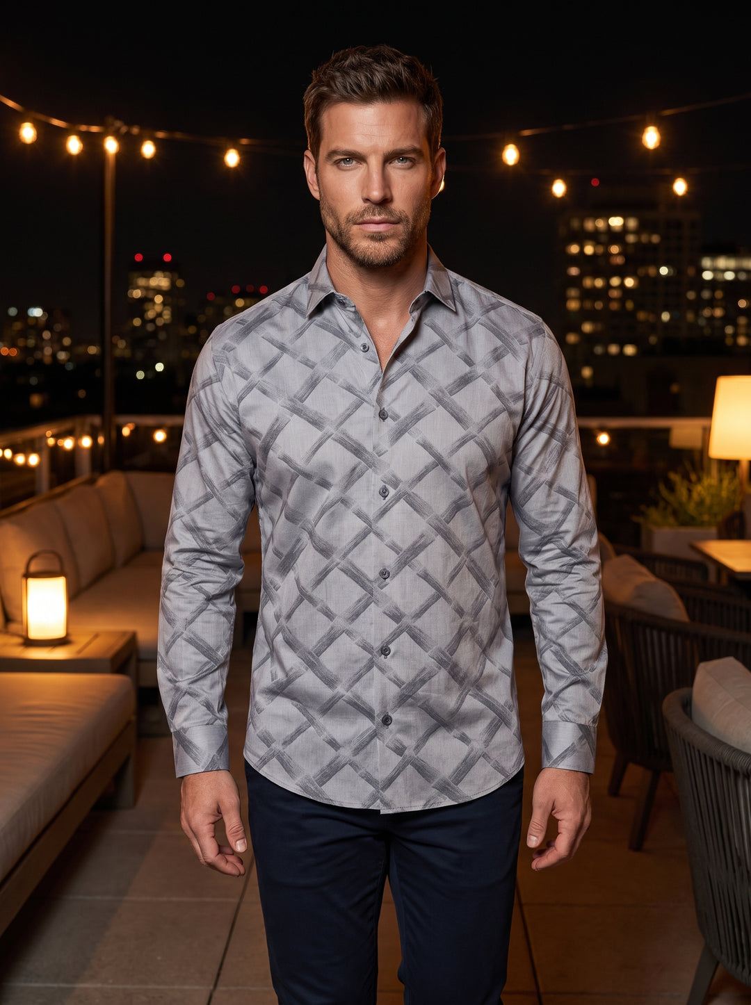 This men's long-sleeve button-down shirt features a sophisticated grey color palette with a dynamic, hand-painted style lattice pattern. Crafted for a slim fit with a structured collar, it offers a contemporary take on classic tailoring for the modern war