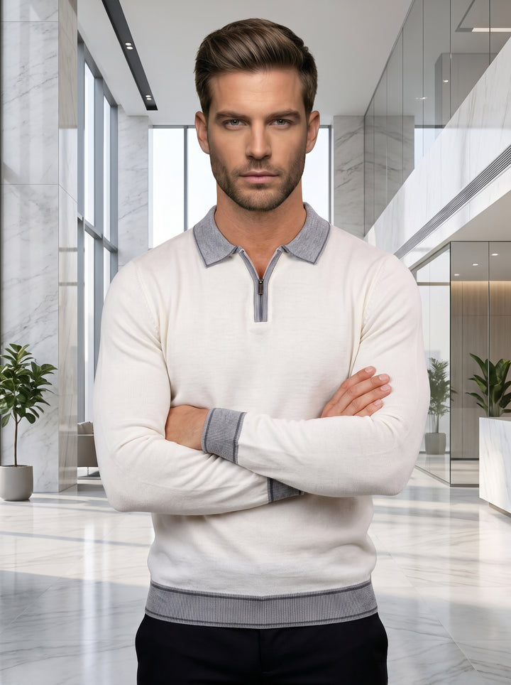 This sophisticated long-sleeve knit polo features a crisp cream body contrasted by a grey heathered collar, quarter-zip placket, and ribbed cuffs. Crafted from a refined knit blend, it offers a tailored fit that bridges the gap between casual and formal.
