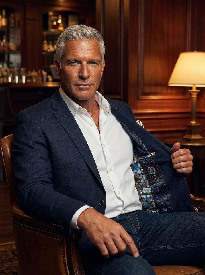 This tailored navy blazer features a textured weave and a luxurious designer lining with unique graphic prints. Styled with a crisp white button-down shirt and denim, it offers a sophisticated yet modern look perfect for smart-casual events and upscale ev