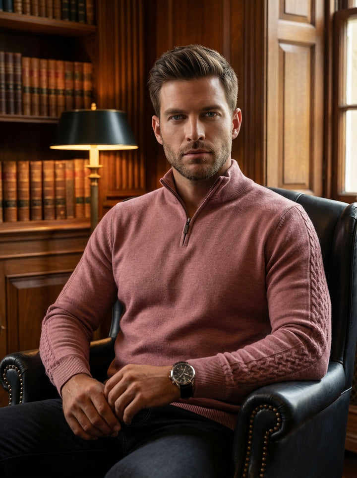 This sophisticated dusty rose quarter-zip sweater features a refined mock neck and intricate cable-knit detailing along the sleeves. Crafted from a premium lightweight knit, it offers a modern tailored fit, blending timeless texture with contemporary colo