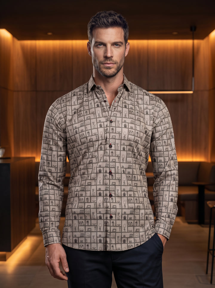 This men's long-sleeve button-down shirt features a sophisticated taupe color palette with a unique conversational grid print. The intricate pattern displays illustrated shelving units filled with pineapples, lamps, and various eclectic home decor items f