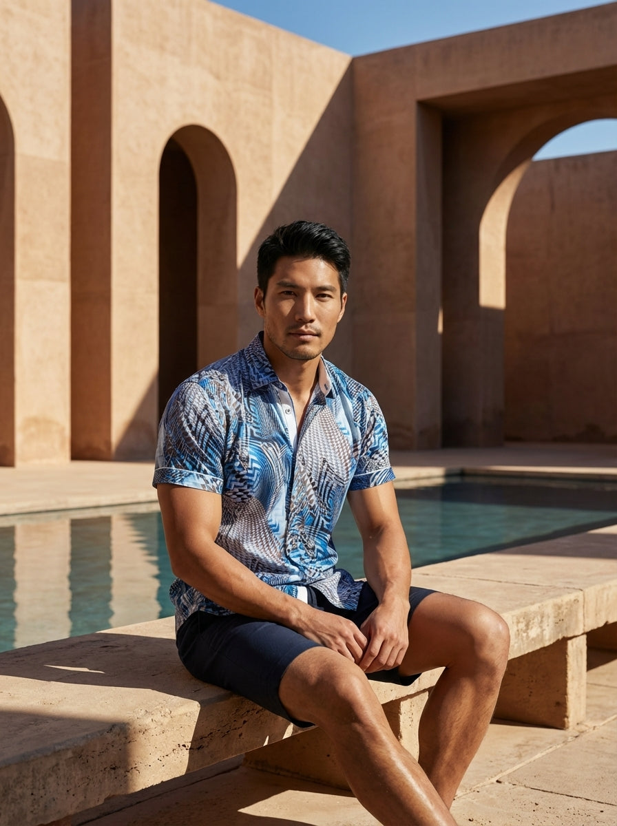 This men's short-sleeved button-down shirt features a dynamic blue and brown geometric abstract print. Crafted for a modern fit, it includes a sophisticated spread collar with contrast white inner placket detailing and buttoned sleeve cuffs for a polished