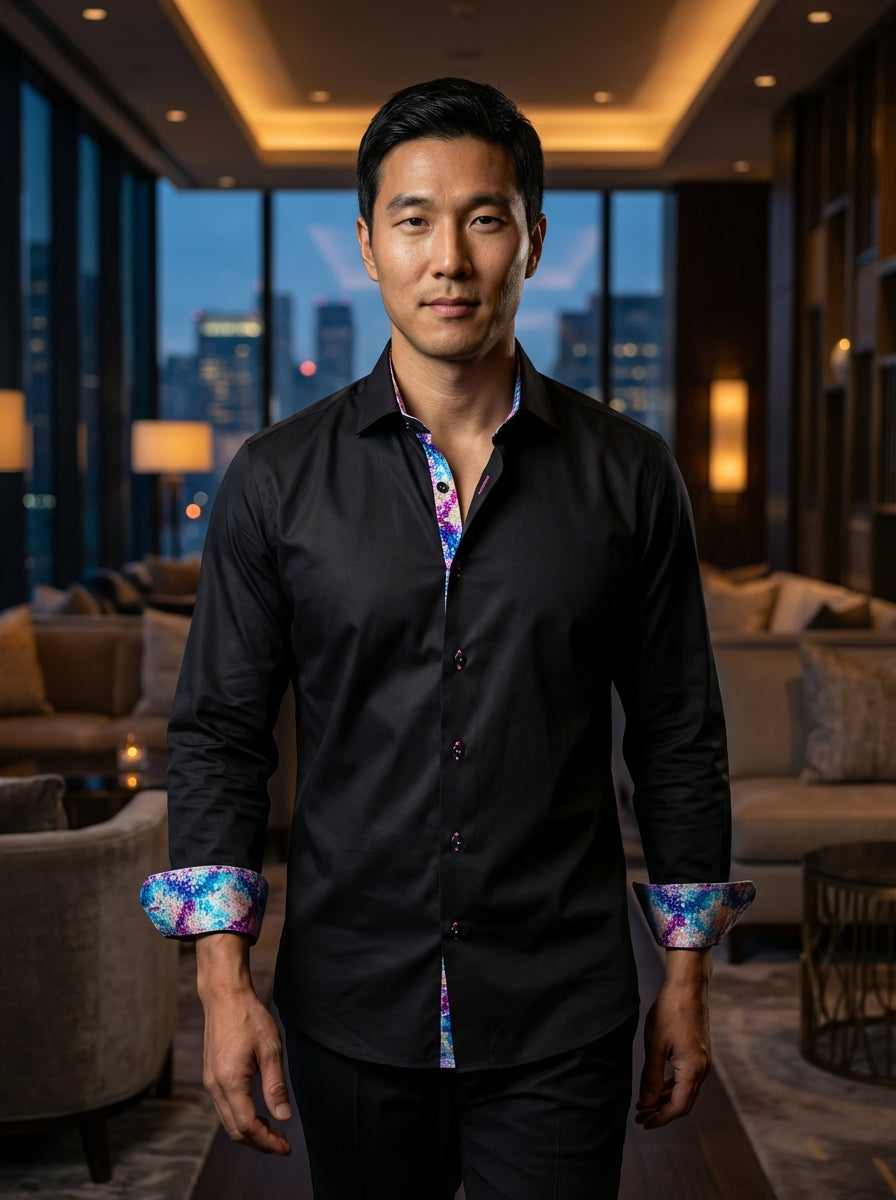 This premium Masutto black dress shirt features a sophisticated tailored fit with vibrant artistic accents. A colorful, mosaic-patterned lining adorns the interior collar and cuffs, complemented by contrasting pink stitching on the buttonholes for a moder