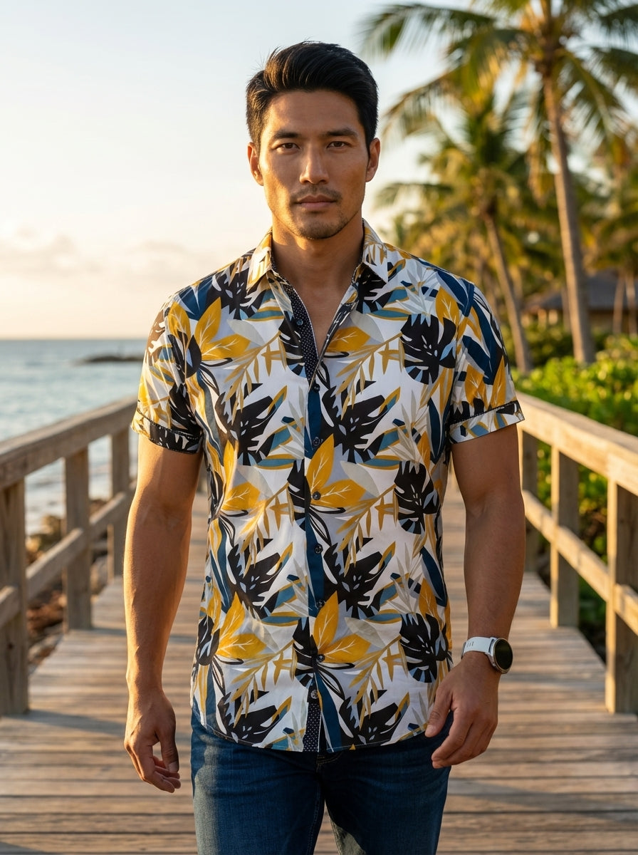 This vibrant men's short-sleeved button-down shirt features a bold tropical leaf pattern in yellow, navy, and black over a white base. The design includes a contrasting dark patterned inner collar and placket, creating a stylish, contemporary look for sum