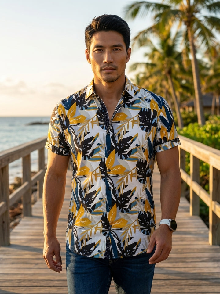 This vibrant men's short-sleeved button-down shirt features a bold tropical leaf pattern in yellow, navy, and black over a white base. The design includes a contrasting dark patterned inner collar and placket, creating a stylish, contemporary look for sum