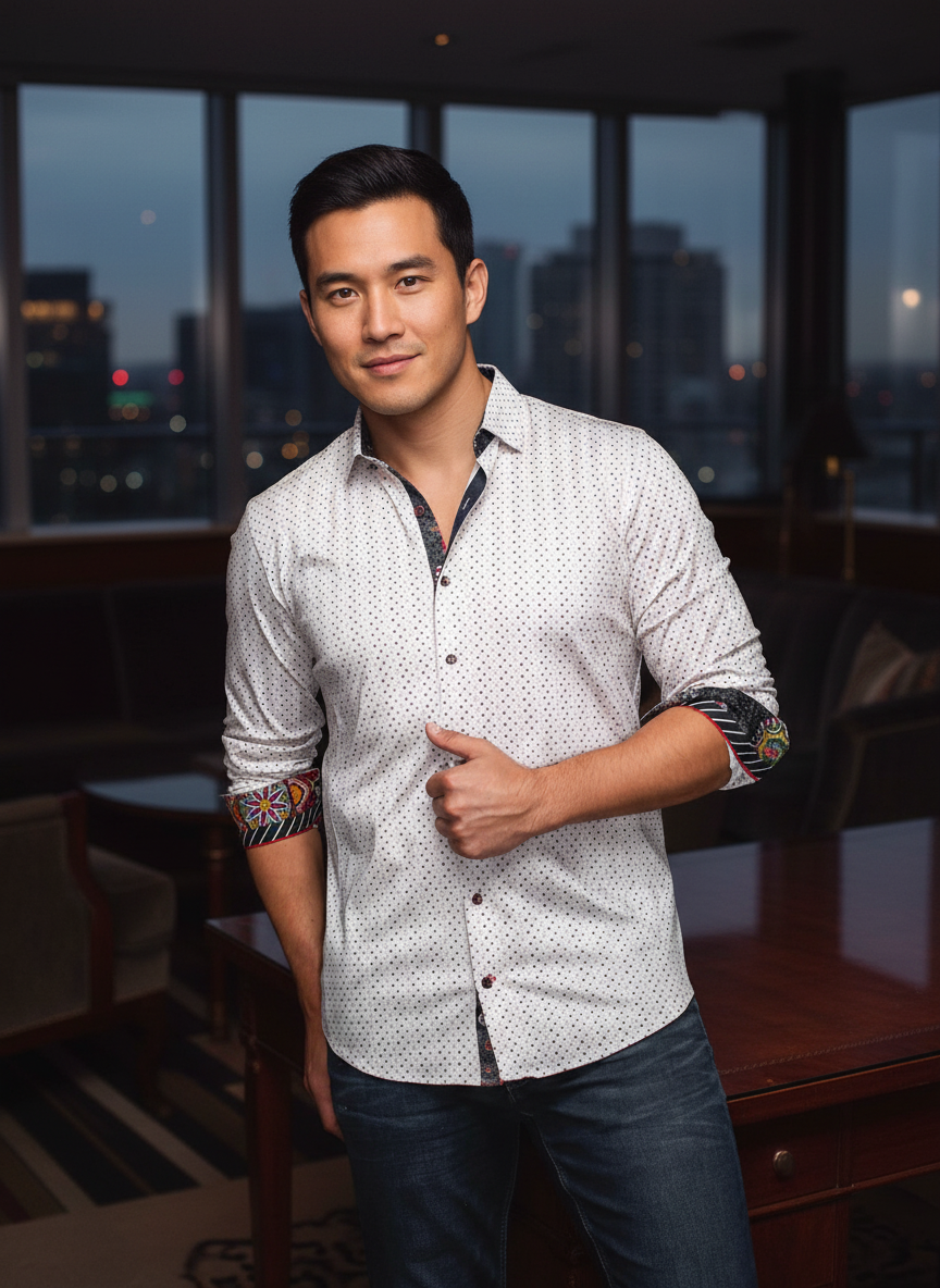 A sophisticated white button-down featuring a delicate micro-print and vibrant paisley-accented cuffs. This versatile shirt blends classic tailoring with bold, eclectic details, perfect for making a modern style statement at any upscale-casual event.