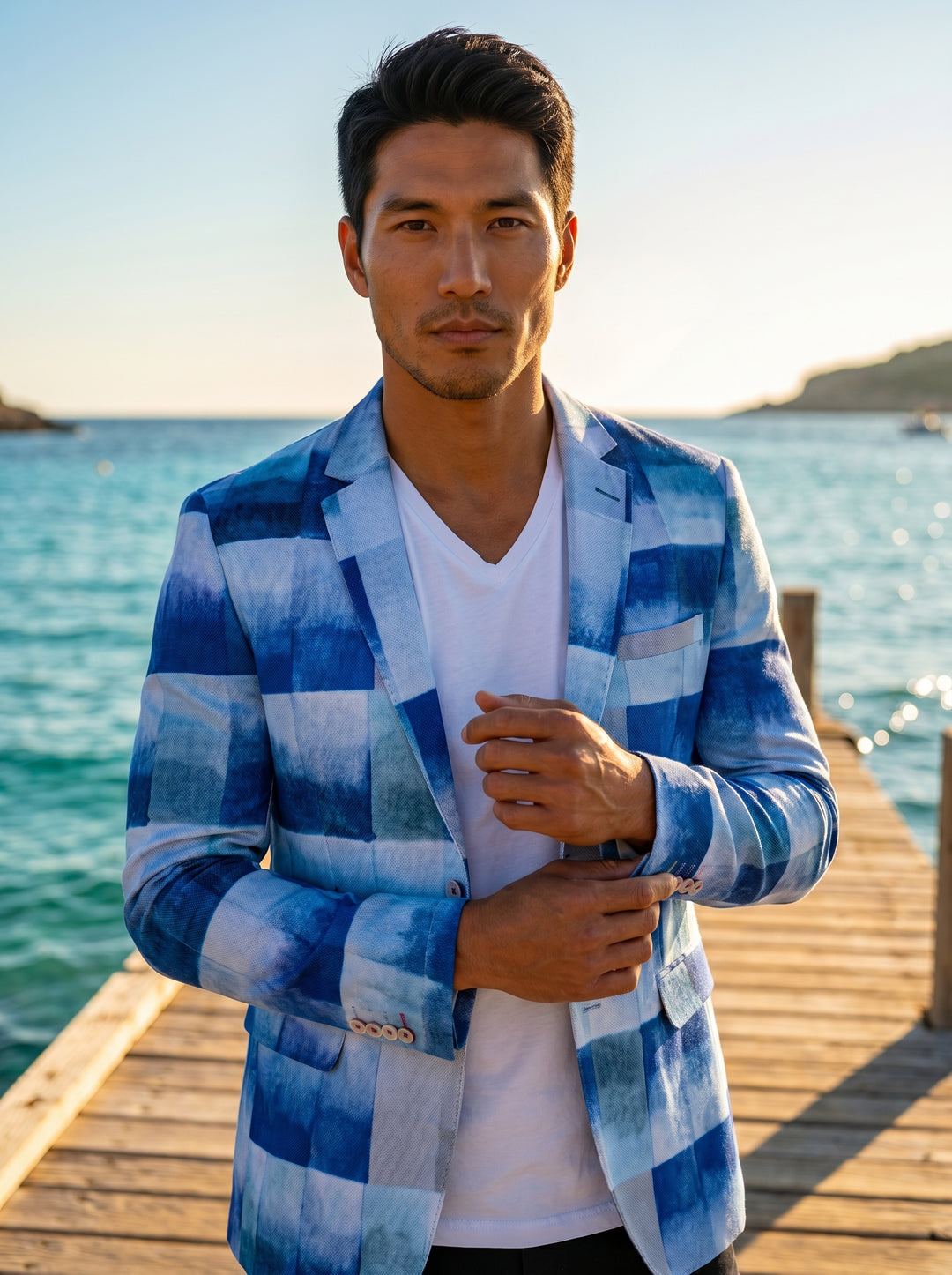 This men's tailored blazer features a striking ombre blue watercolor check pattern, creating a modern, artistic aesthetic. Designed with a slim fit, notched lapels, and two-button closure, it is crafted from a lightweight textured fabric perfect for eleva