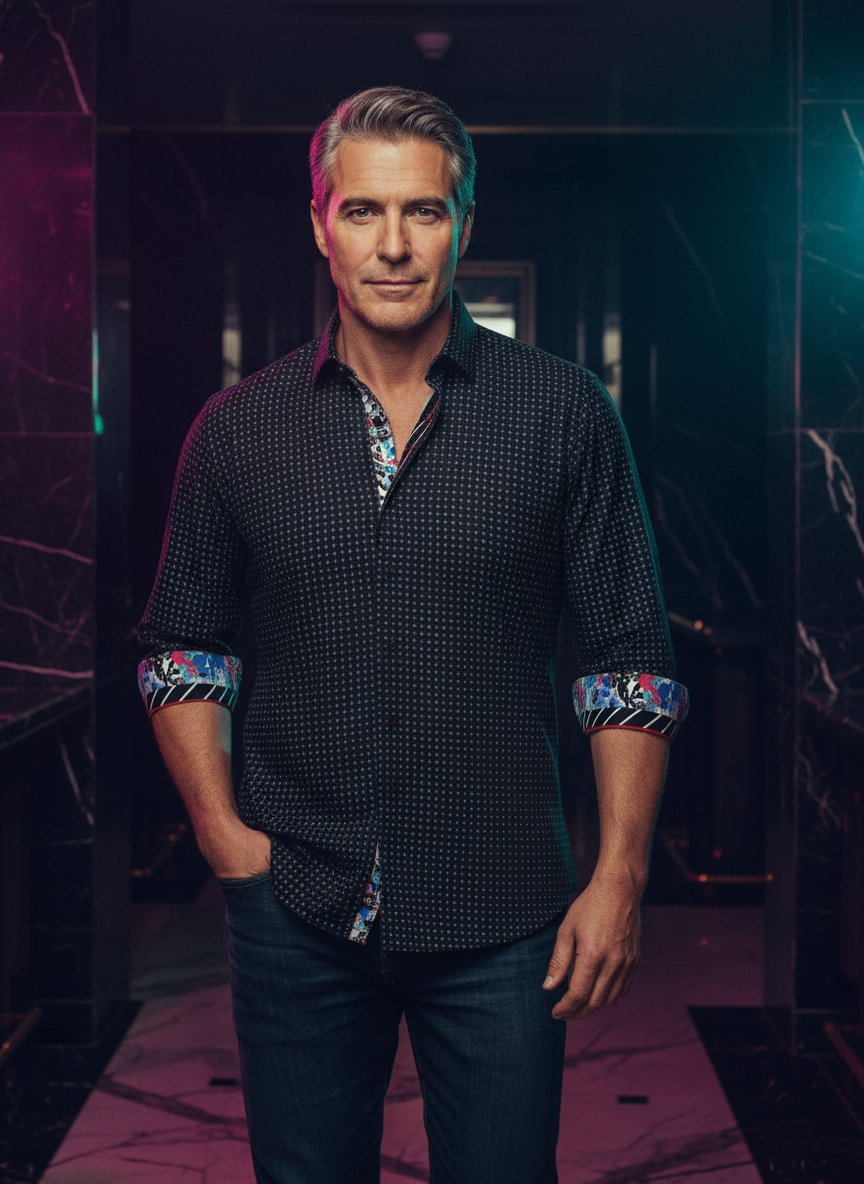 Exude modern elegance in this black micro-patterned button-down. Boasting vibrant artistic prints on the collar and cuffs, this tailored shirt features striking red piping and geometric details, perfect for the man who values bold, sophisticated style.