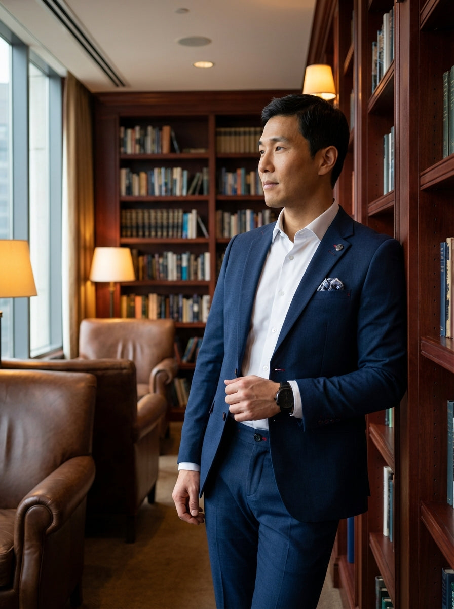 This sophisticated navy blue tailored suit features a slim-fit silhouette, notched lapels, and subtle red stitching accents. Paired with a crisp white dress shirt and a paisley pocket square, it offers a modern take on classic formal wear for men.