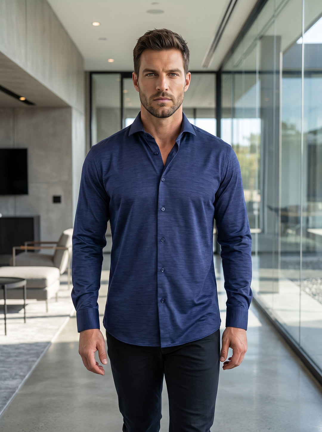 This navy blue, long-sleeved button-down shirt features a subtle slub texture and a slim-fit silhouette for a refined yet relaxed look. Crafted with a classic spread collar and adjustable cuffs, it offers versatile style for modern professional or casual 