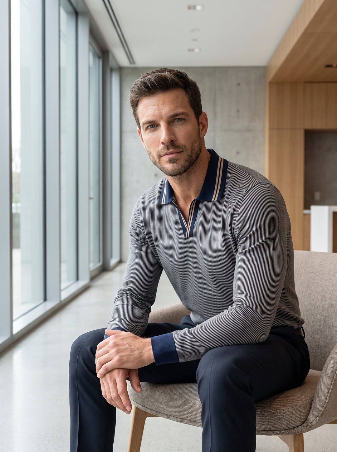 A refined long-sleeved polo featuring a sophisticated vertical micro-stripe pattern in grey and navy. It includes a contrasting navy Johnny collar with tan accent stripes and matching navy cuffs, offering a tailored fit for smart-casual wear.