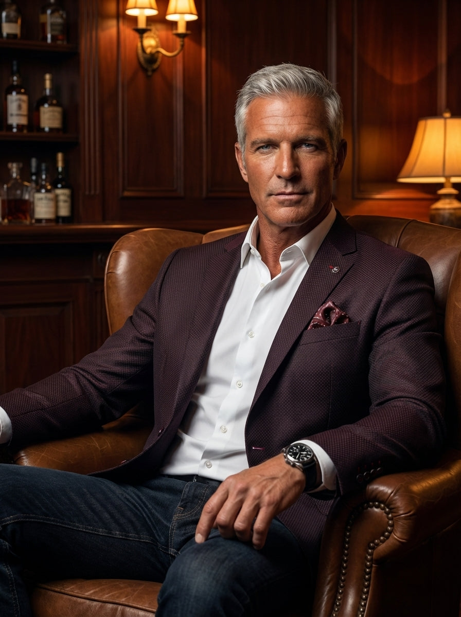 This sophisticated ensemble features a textured, deep burgundy blazer with intricate patterned lining and a coordinating pocket square. Paired with a crisp white button-down shirt and dark denim, it offers a modern, tailored aesthetic for the contemporary