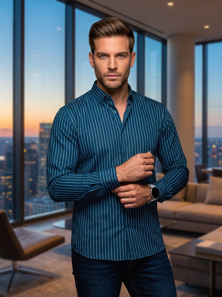 A refined men's long-sleeve button-down shirt in a deep teal blue featuring vertical white pinstripes. This slim-fit garment offers a tailored silhouette with a classic pointed collar and subtle button detailing, perfect for a smart-casual or professional