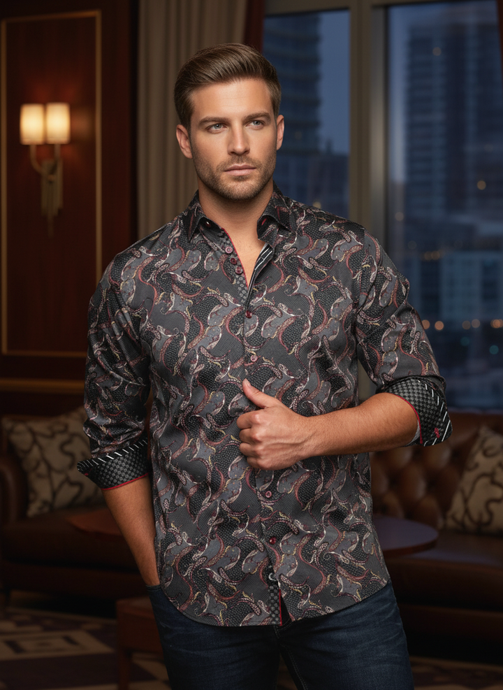 Elevate your style with this sophisticated dark patterned button-up shirt. Featuring an intricate multi-color design and contrasting cuffs with striking red accents, it offers a modern yet timeless appeal for the discerning gentleman.