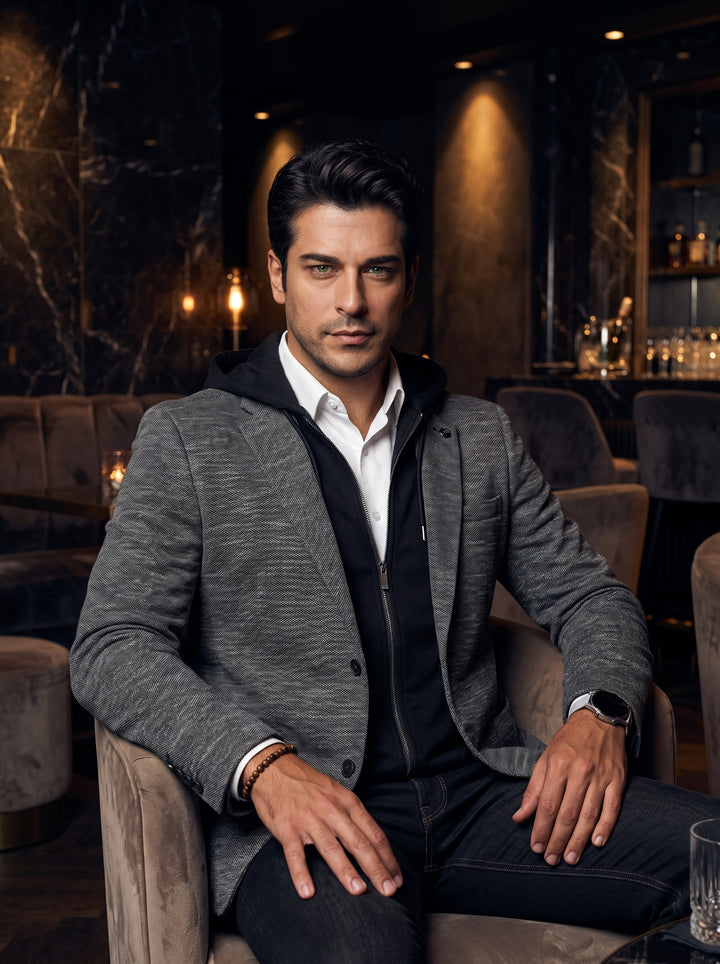 A modern charcoal grey textured blazer featuring a unique integrated black zip-up hoodie. The ensemble combines smart tailoring with casual sportswear elements, layered over a crisp white dress shirt for a sophisticated, urban aesthetic.