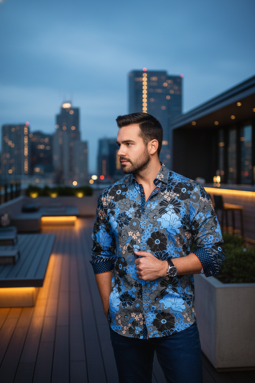 Unveil sophisticated style with this men's floral button-down shirt. An intricate blend of blue, black, and peach blossoms on a refined grey, accented with contrasting polka dot cuffs and orange trim, perfect for a distinct, modern look.