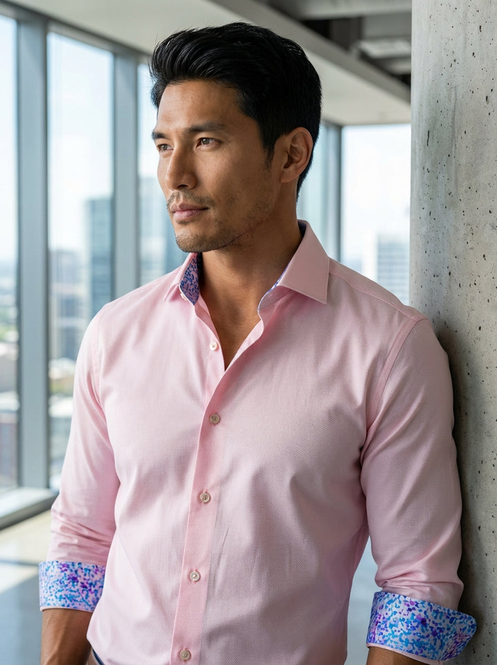 This premium Masutto button-down shirt features a sophisticated light pink micro-textured weave. It is distinguished by a vibrant blue and purple geometric mosaic pattern lining the collar and cuffs, offering a modern twist on classic tailoring with high-