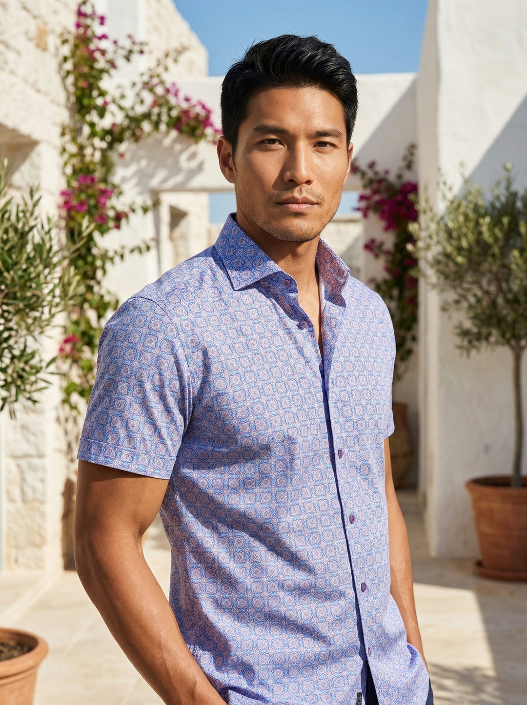 This Masutto short-sleeved shirt features a sophisticated blue and purple geometric tile pattern throughout. Crafted with a crisp collar and tonal buttons, the intricate mosaic print offers a modern take on classic tailoring, making it a versatile piece f