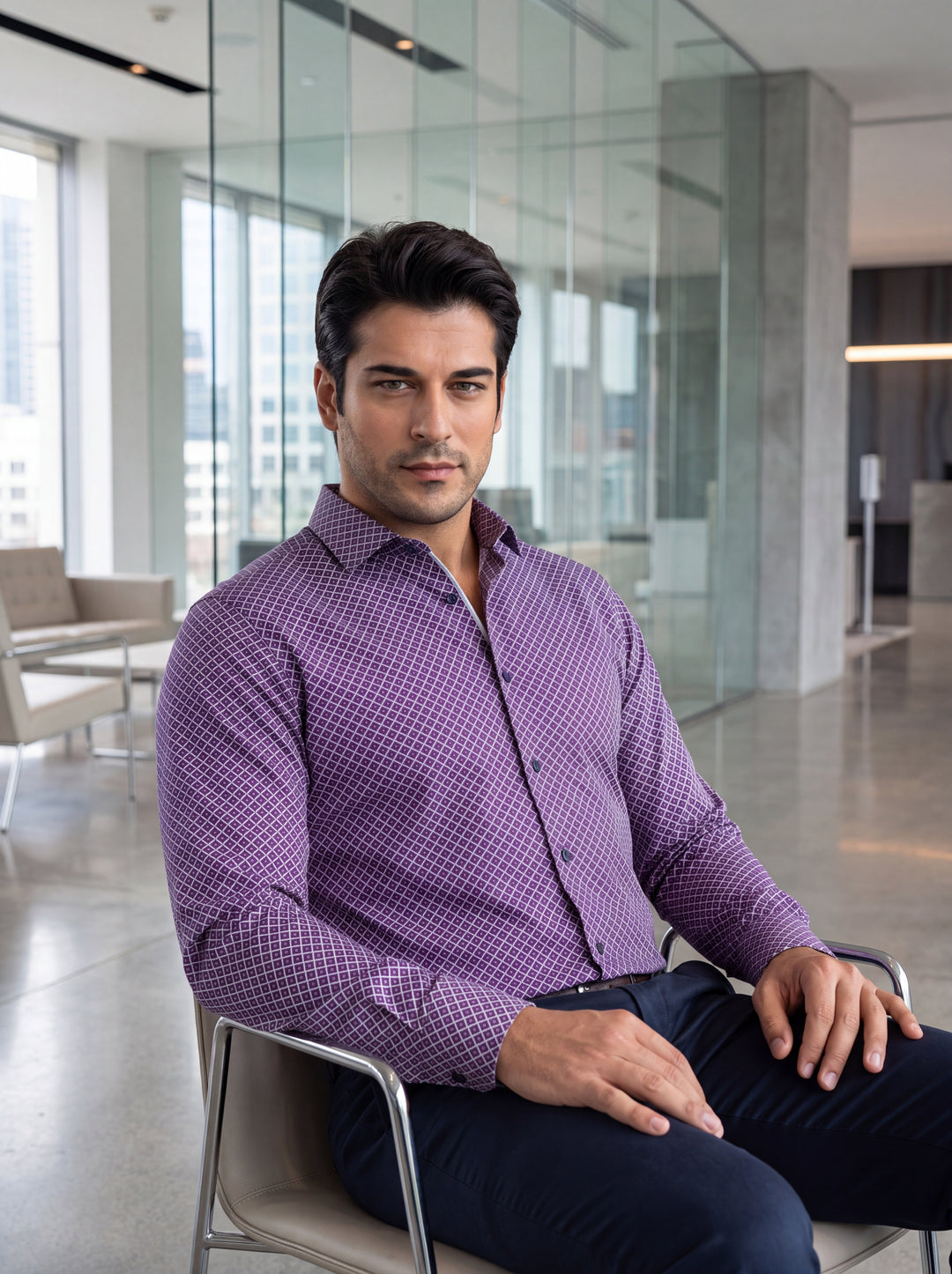 This men's long-sleeve dress shirt features a sophisticated purple color accented with a crisp white geometric diamond pattern. Designed with a tailored fit, it includes a classic pointed collar, navy buttons, and buttoned cuffs for a polished, modern loo