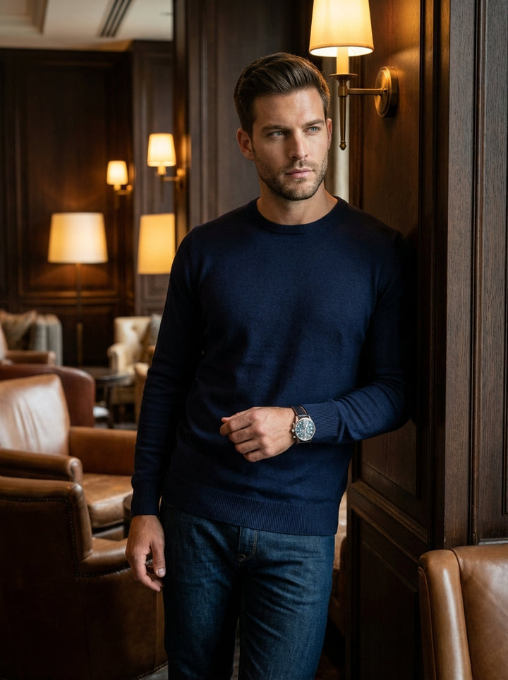 This classic navy blue crewneck sweater is crafted from a premium fine-gauge knit for a sleek, tailored silhouette. Featuring ribbed cuffs and hem, it offers a versatile blend of comfort and sophistication, perfect for layering or wearing as a statement p