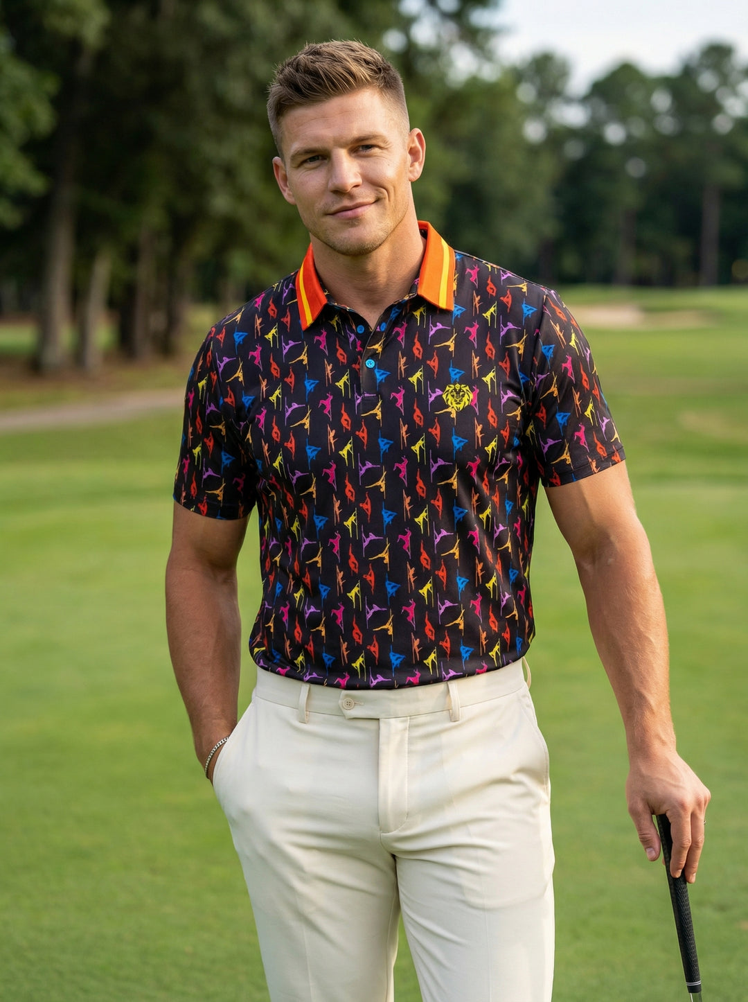 This vibrant short-sleeved polo features an all-over multicolored dancer print on a sleek black background. A bold orange collar with yellow stripes and turquoise buttons provides a high-contrast accent, while the performance fabric ensures comfort for hi