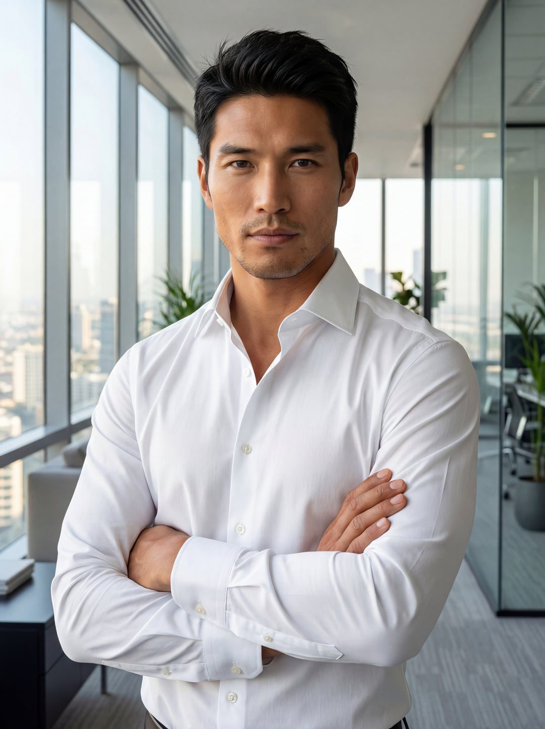 This classic men's white dress shirt features a crisp spread collar, long sleeves with structured cuffs, and a tailored slim-fit silhouette. Crafted from high-quality cotton for a smooth finish, it offers a versatile look suitable for any formal occasion.