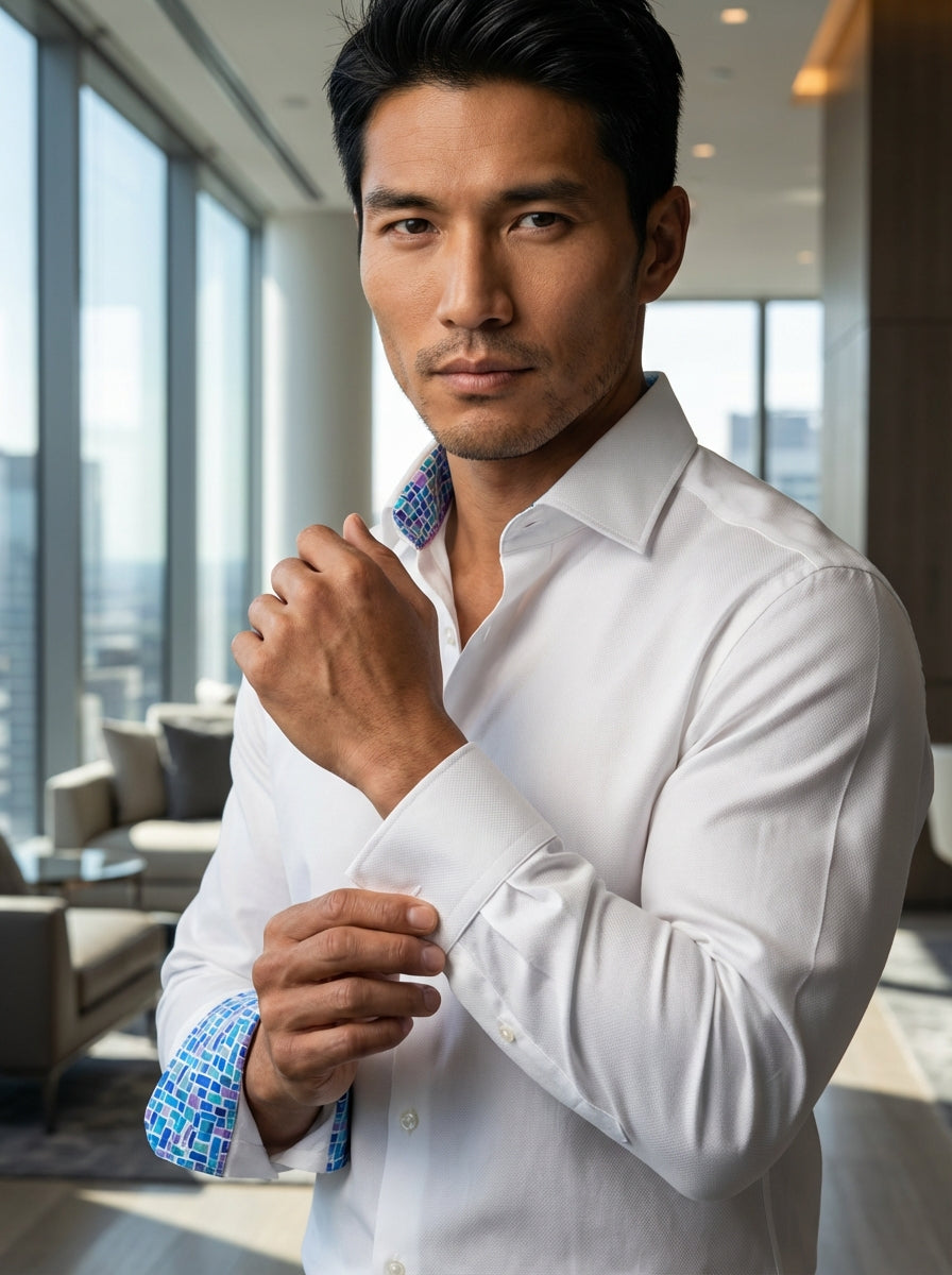 This premium white dress shirt by Masutto features a subtle textured weave and a refined spread collar. The interior collar and cuffs are lined with a vibrant, colorful geometric mosaic pattern, offering a sophisticated twist on a classic professional sta