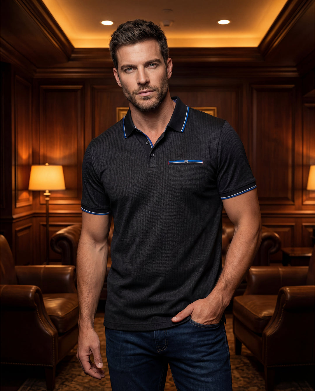 This sophisticated black textured polo shirt features subtle blue and white contrast piping on the collar and cuffs. Designed with a sleek chest pocket detail and a modern slim fit, it offers a refined take on classic men's casual wear.