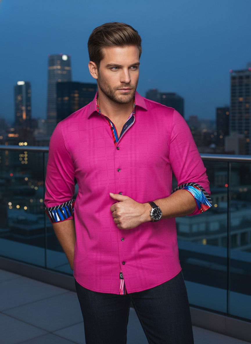 This vibrant magenta button-down shirt features a subtle tonal plaid pattern. Crafted for a modern fit, it boasts striking geometric-print accents on the inner collar and cuffs, perfect for adding a bold touch to sophisticated evening wear.
