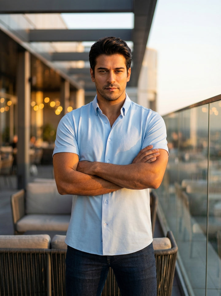 This premium light blue short-sleeved button-down shirt features a tailored fit and a crisp collar, making it a versatile wardrobe staple. Crafted from smooth, high-quality fabric, it offers a clean aesthetic that pairs perfectly with dark denim for polis