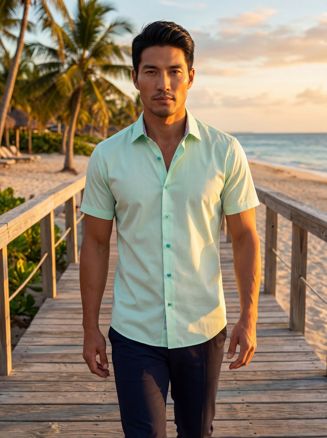 This men's short-sleeve button-down shirt features a refreshing mint green hue with a classic pointed collar. It is designed with subtle patterned inner trim and contrasting turquoise buttons, offering a modern, tailored fit that pairs perfectly with dark