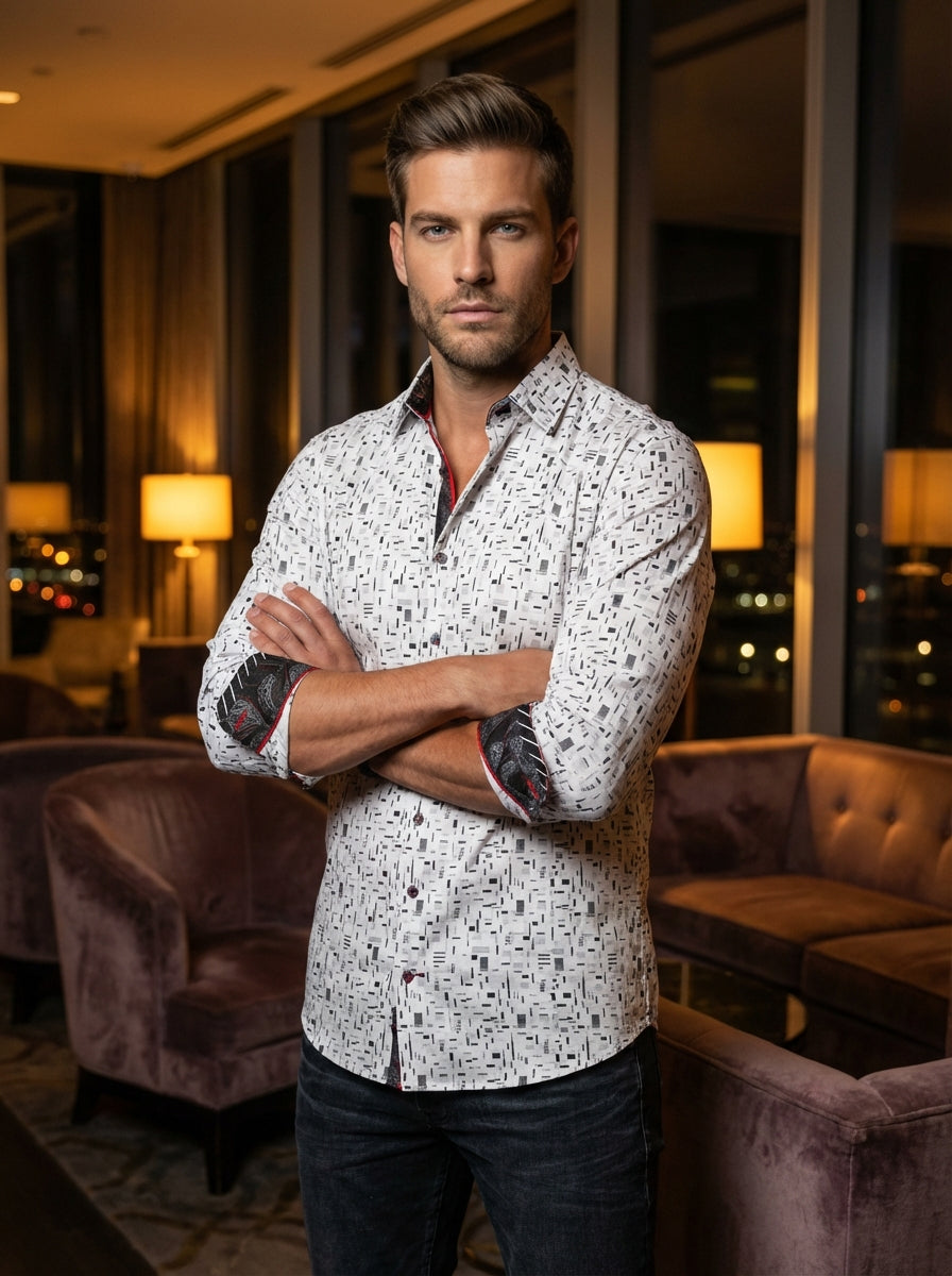 This contemporary white button-down features a bold geometric dash print for a modern edge. Accented with contrast paisley-lined cuffs and a vibrant red trim, this sharp shirt offers a sophisticated slim fit perfect for versatile day-to-night styling in a