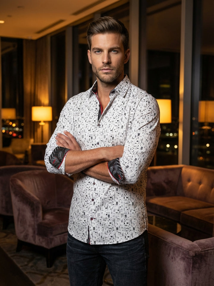 This contemporary white button-down features a bold geometric dash print for a modern edge. Accented with contrast paisley-lined cuffs and a vibrant red trim, this sharp shirt offers a sophisticated slim fit perfect for versatile day-to-night styling in a