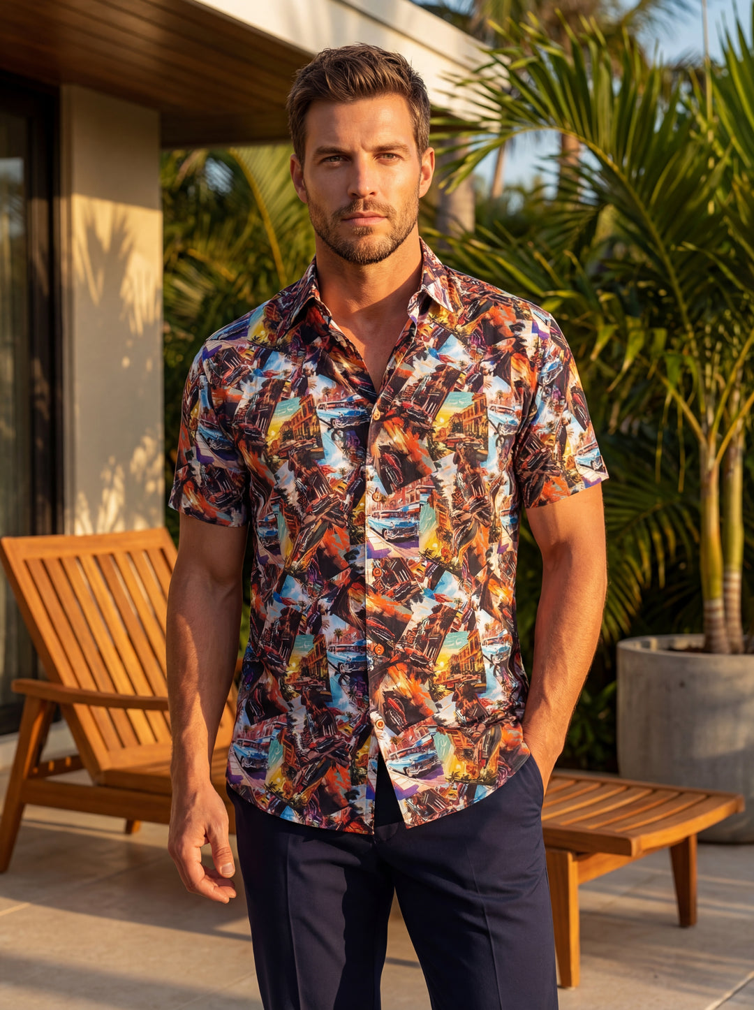 A vibrant short-sleeved button-down shirt featuring a colorful collage print of vintage cars and retro cityscapes. Made from a smooth, lightweight fabric, it offers a tailored fit with a classic pointed collar, perfect for making a bold summer statement.
