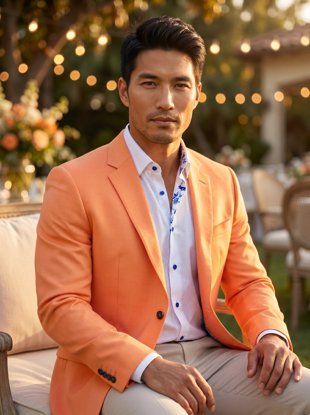 This vibrant peach-orange tailored blazer features a modern slim fit with notched lapels and contrasting dark buttons. Paired with a white micro-textured button-down shirt showcasing blue floral accents and matching buttons, this ensemble offers a sophist