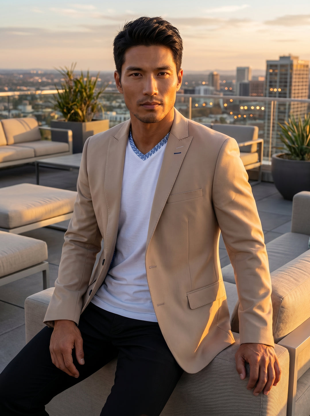 This sophisticated tan blazer features a tailored slim fit, crafted from premium stretch fabric for comfort and style. Design details include notched lapels, two-button closure, flap pockets, and a contrasting patterned collar lining, perfect for layering