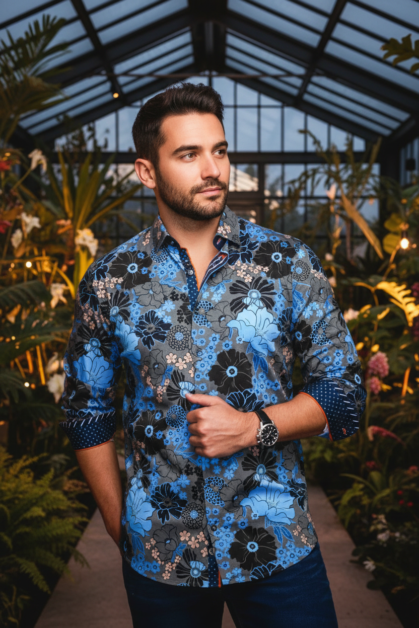 Elevate your style with this sophisticated long-sleeve floral print shirt. Featuring a dynamic blend of blue, black, and ecru blossoms on a refined grey ground, accented with contrasting cuffs and collar. Perfect for the discerning individual.