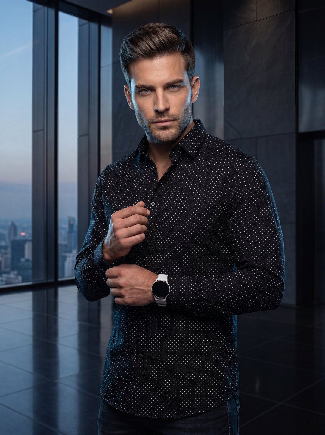 This men's long-sleeve button-up shirt features a sleek black base adorned with a sophisticated white micro-dot pattern. Crafted with a tailored fit and structured collar, it offers a sharp, modern aesthetic suitable for evening wear or upscale casual occ