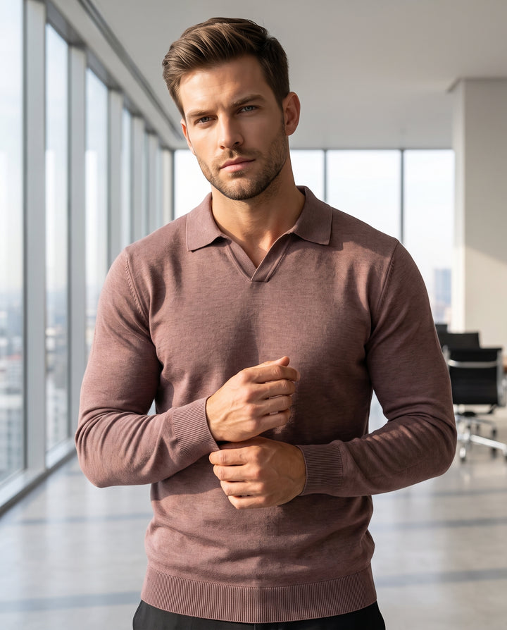 A mauve long-sleeve knit polo sweater featuring a classic collar with an open V-neckline. The garment offers a slim fit, ribbed cuffs, and a ribbed hem, crafted from a textured, lightweight fabric suitable for transitional layering.