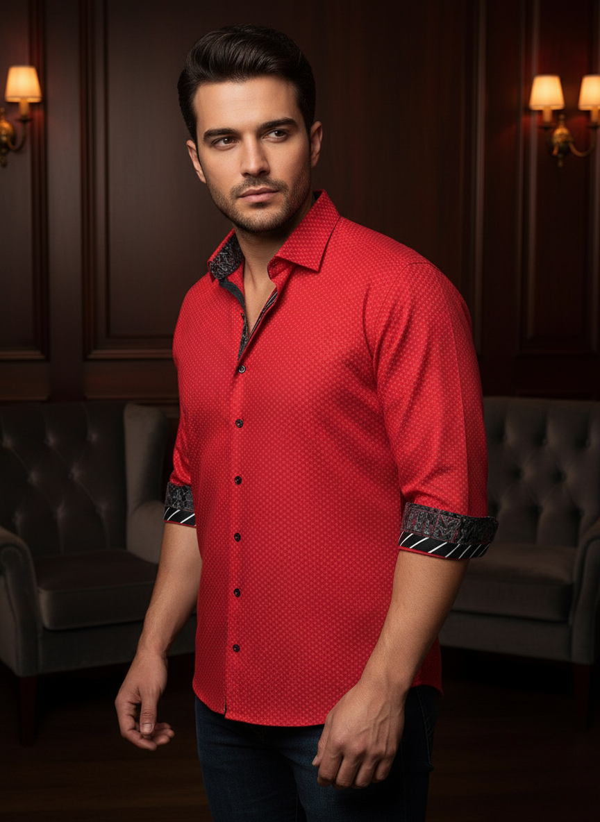 A bold, vibrant red button-down shirt featuring a sophisticated micro-pattern. The design is elevated by contrasting dark-patterned inner cuffs and collar, meticulously tailored for a sharp, modern silhouette that exudes confidence and contemporary style.