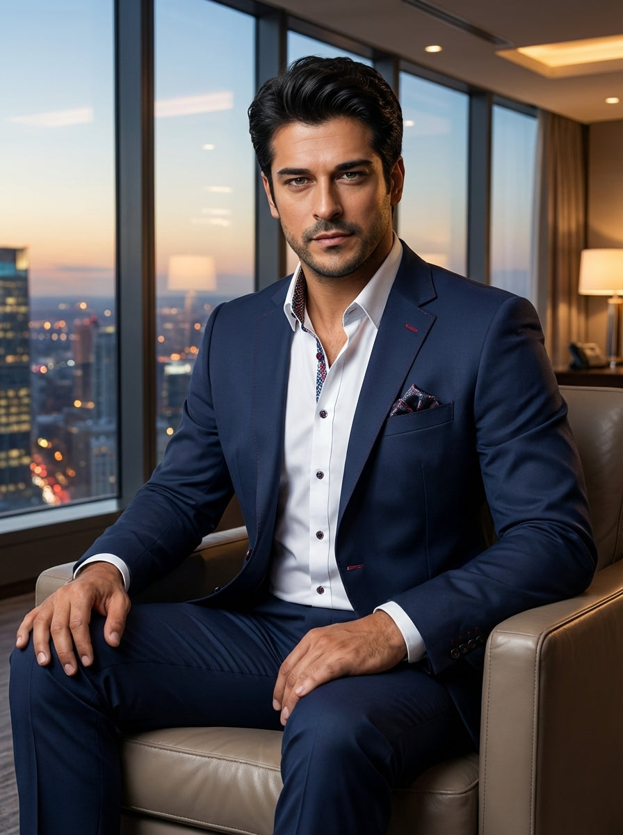 This sophisticated navy blue tailored suit features a modern slim fit with notched lapels and red accent stitching. Paired with a crisp white button-down shirt showcasing unique patterned inner-collar detailing, it offers a refined look for formal or prof