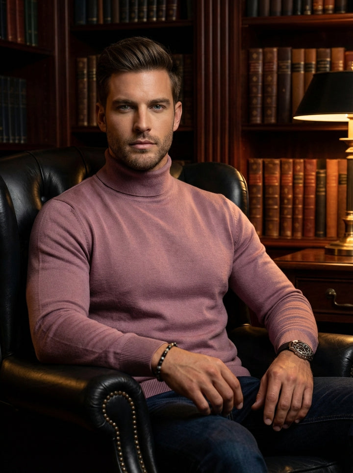 This premium mauve turtleneck sweater is crafted from a soft, fine-knit fabric, offering a sophisticated silhouette and comfortable fit. Featuring ribbed cuffs and hem, it provides a sleek look that transitions perfectly from casual daytime wear to elegan