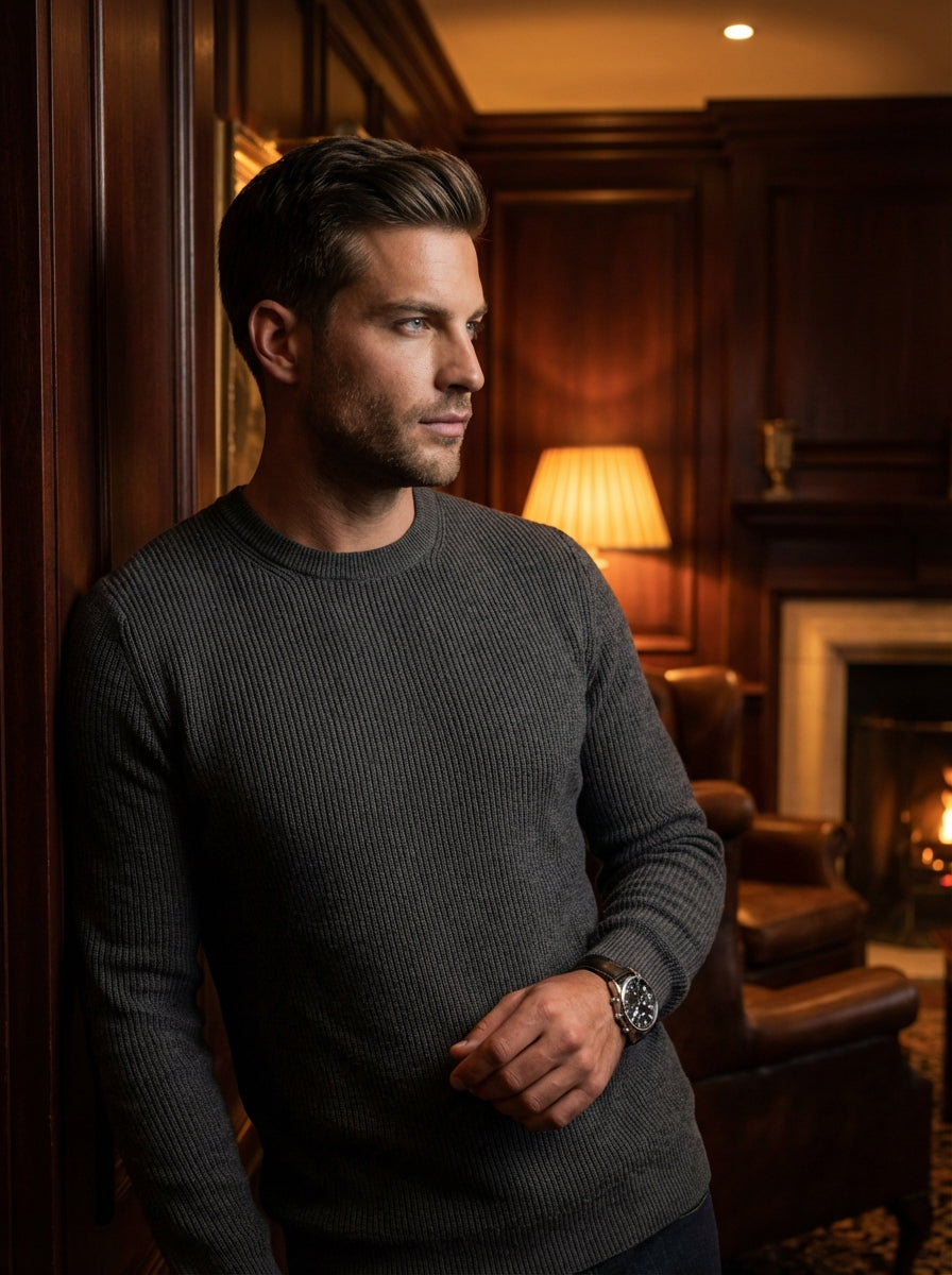 This premium charcoal grey crewneck sweater features a refined ribbed texture and a tailored fit, crafted for effortless sophistication. Its lightweight yet warm knit construction makes it an essential layering piece for the modern man's versatile and pol
