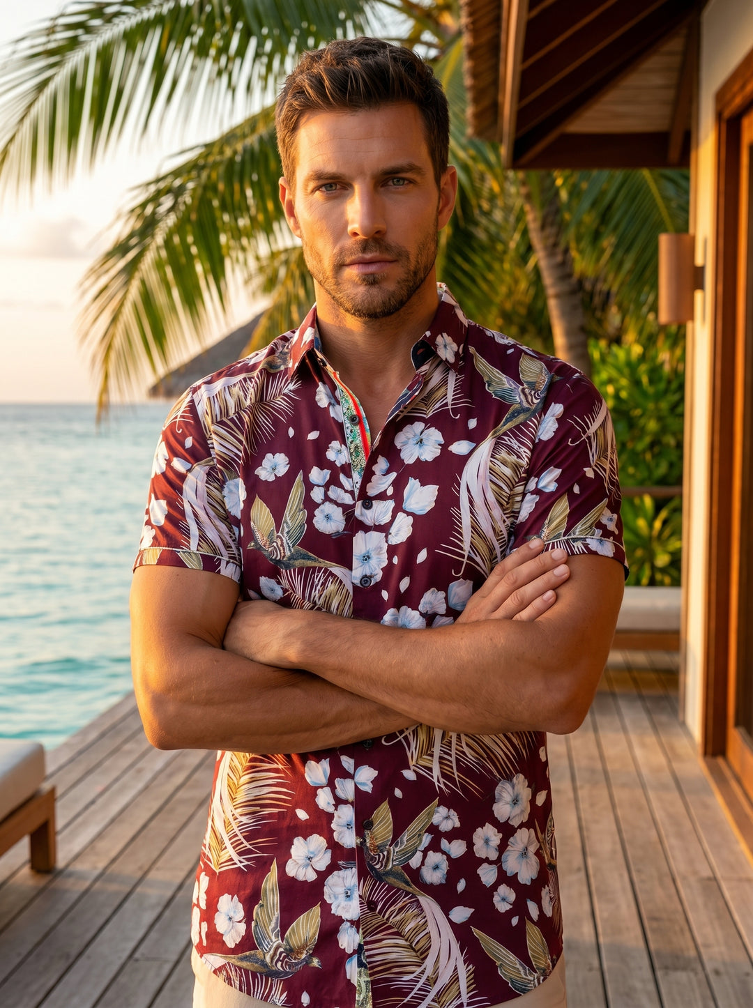 This men's short-sleeve button-down features a rich burgundy base adorned with a tropical motif of white hibiscus flowers, golden palm fronds, and stylized birds. It includes a refined multi-colored inner collar detail for a modern, sophisticated aestheti