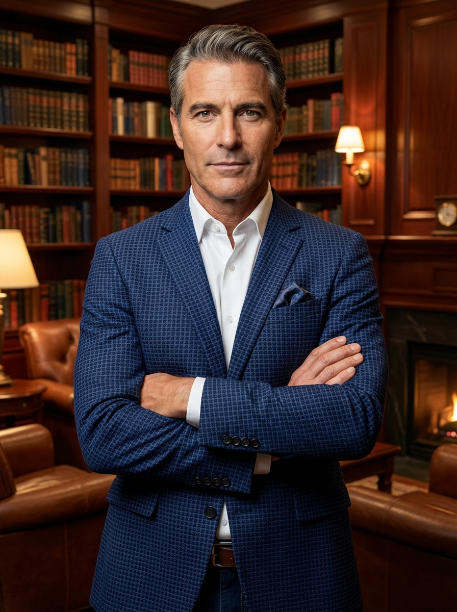 This sophisticated men's blazer features a rich navy blue micro-patterned weave, offering a modern twist on classic tailoring. Designed with a slim fit, it includes a notch lapel, single-breasted closure, and a coordinating pocket square for a refined fin