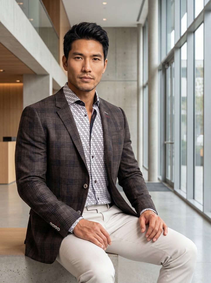 This sophisticated ensemble features a dark brown plaid blazer with subtle textured details and contrasting buttons. It is layered over a white button-down shirt showcasing an intricate geometric honeycomb pattern, creating a modern, stylish look paired w