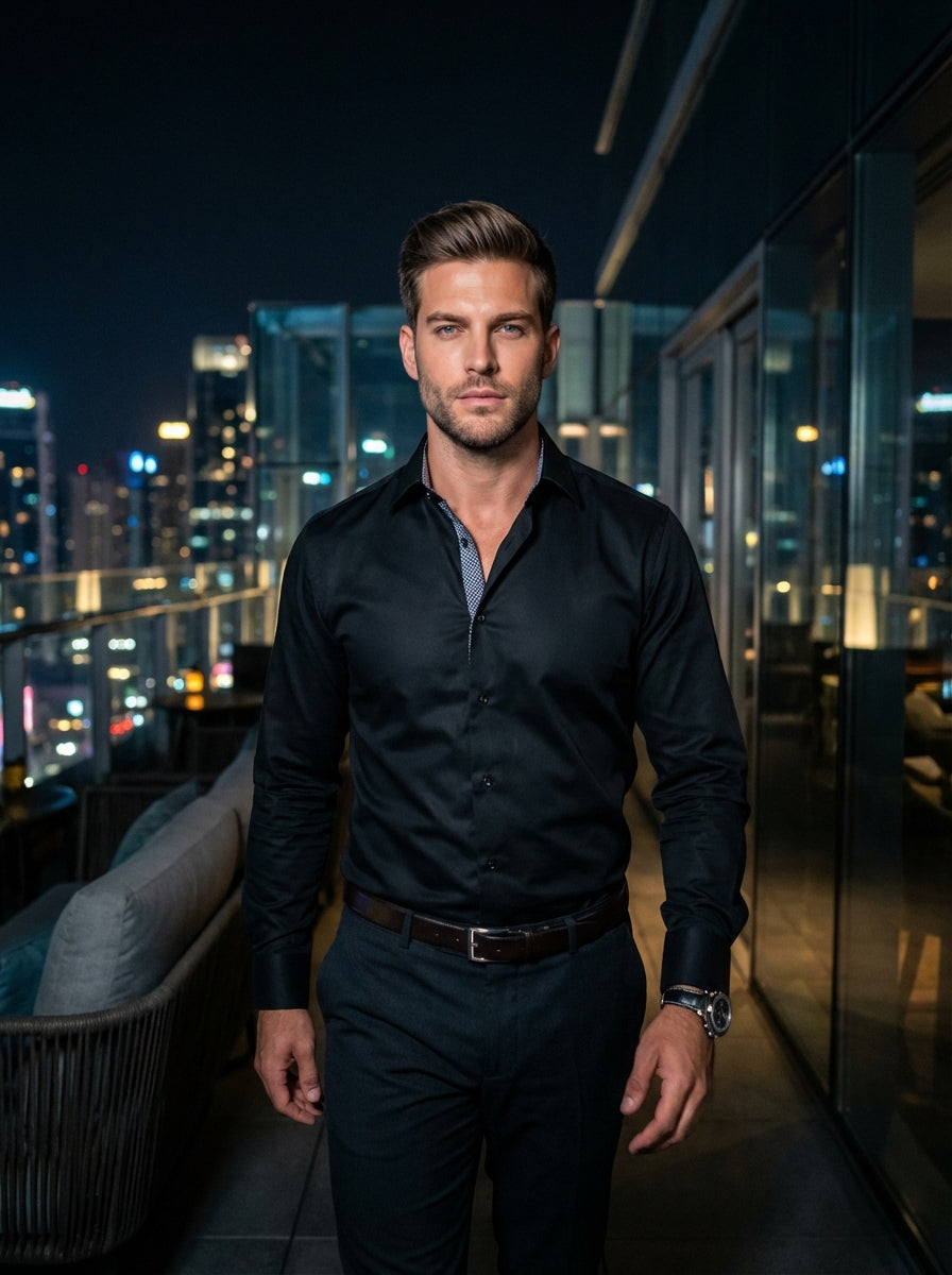 A sophisticated men's black dress shirt featuring a tailored fit and premium smooth finish. The design includes a subtle patterned inner collar lining for a touch of modern contrast, paired with classic button-down styling suitable for formal or upscale c