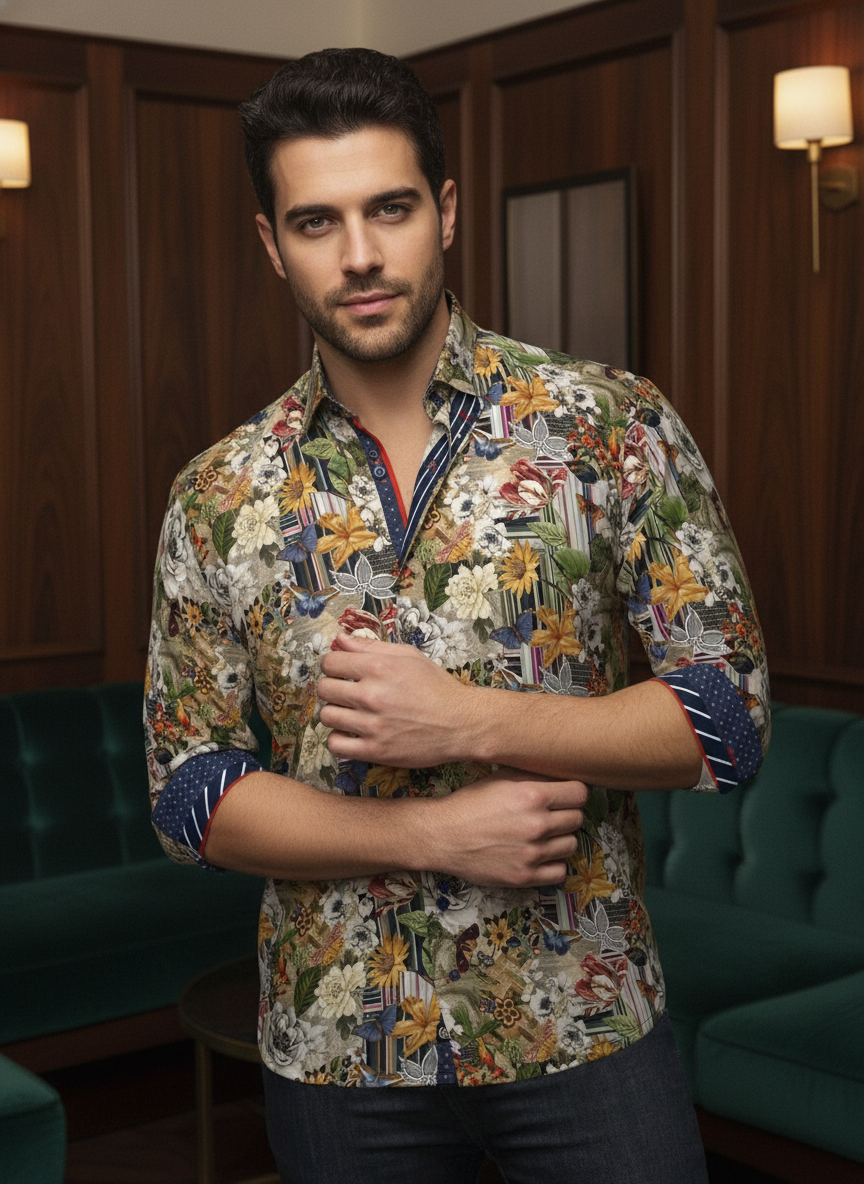 An avant-garde button-down shirt showcasing a vibrant botanical collage. Meticulously crafted with contrasting geometric trim and refined piping, this maximalist piece offers a bold yet sophisticated statement for the contemporary wardrobe.