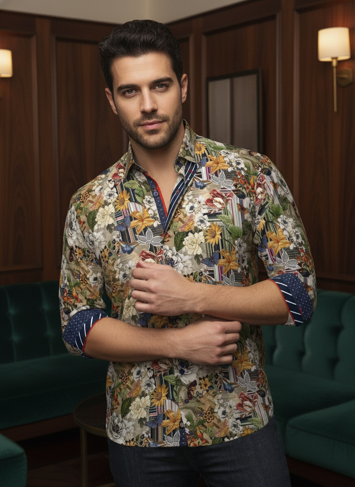 An avant-garde button-down shirt showcasing a vibrant botanical collage. Meticulously crafted with contrasting geometric trim and refined piping, this maximalist piece offers a bold yet sophisticated statement for the contemporary wardrobe.