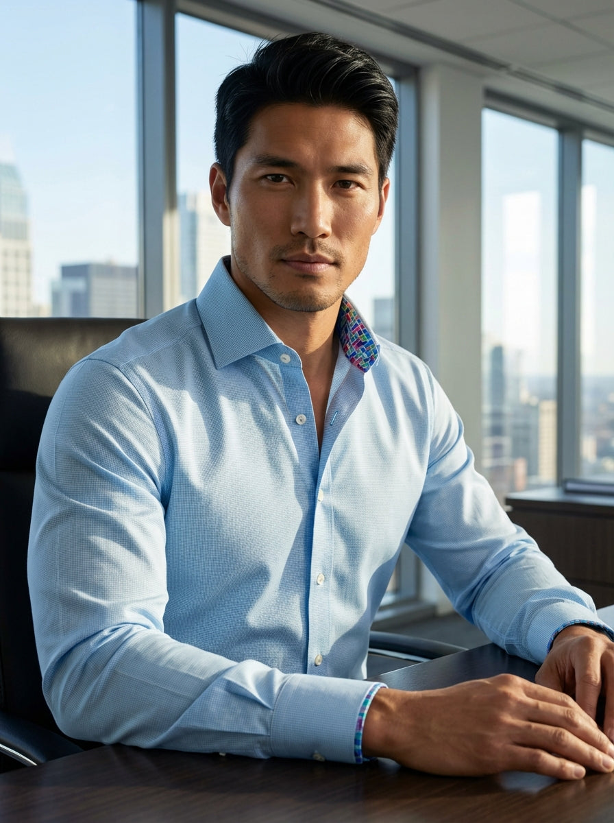 This light blue Masutto dress shirt features a sophisticated micro-texture weave and elegant pearlescent buttons. The interior collar and cuffs are lined with a vibrant, multicolored geometric mosaic pattern, adding a modern and playful twist to a classic